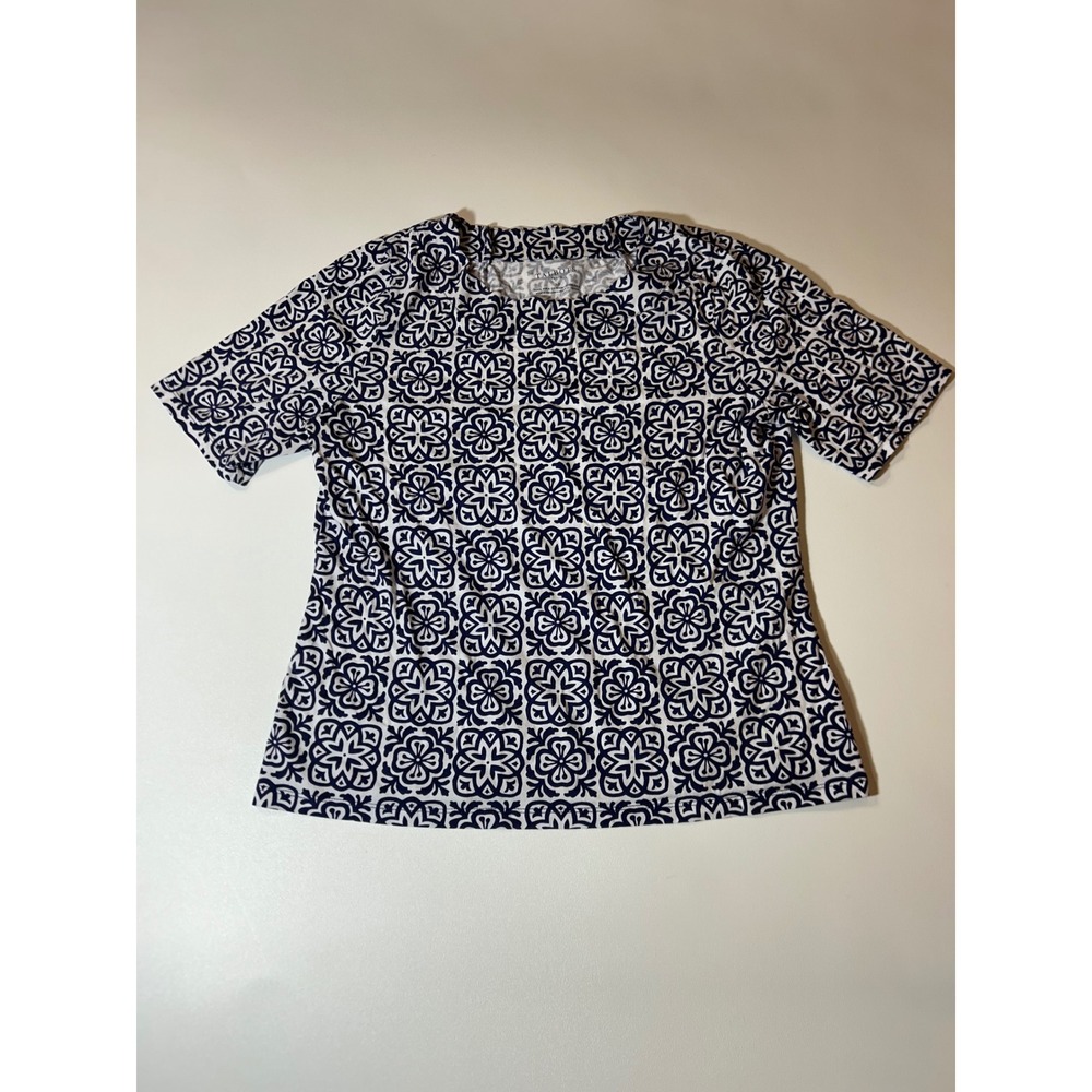 Talbots Tee Women LP Blue Excellent Pima Cotton Geometric Tile Print Top